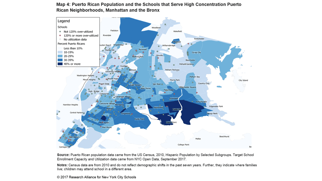 Puerto Rican Population and the Schools that Serve High Concentration Puerto Rican Neighborhoods, Manhattan and the Bronx