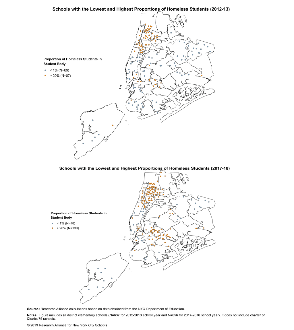 Maps showing the location of the elementary schools with very low and very high proportions of homeless students in the 2012-2013 and 2017-2018 school years