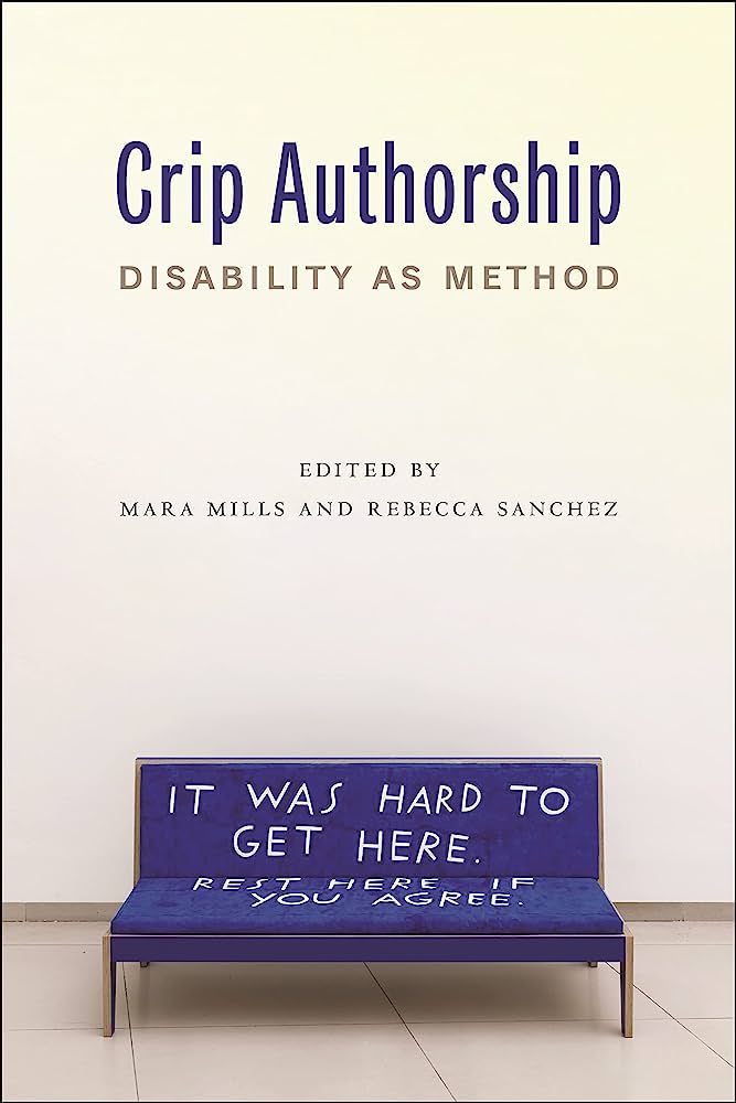 cover of Crip Authorship shows a couch with the words "It was hard to get here, rest here if you agree" superimposed