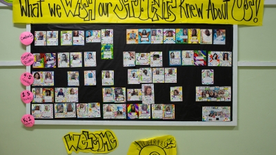 Kids work on wall. 
