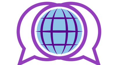 Two speech bubbles with a globe in between.