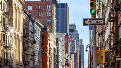 City buildings and a crosswalk