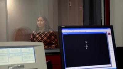 Closeup on computer screen monitoring facial movement