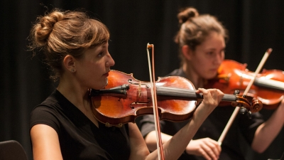 Two strings musicians performing