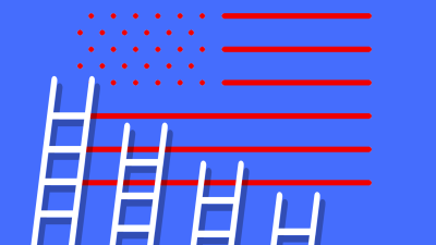 Four ladders of descending height resting against an American flag