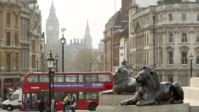 A view of Big Ben in the distance from Trafalgar Square