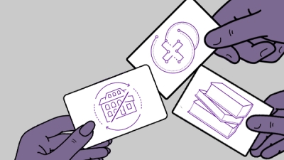 three hands holding cards with images for housing, health and education