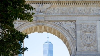 Washington square arch view looking south with the World Trade Center visible