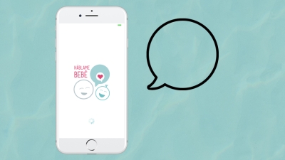 An iphone with a logo that says "Hablame Bebe" next to a speech bubble