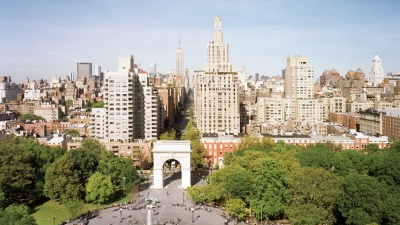 An aerial view of Washington Square Park looking north