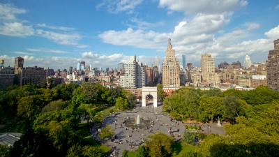 A aerial view of Washington Square park looking north
