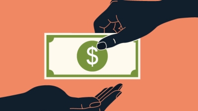 a hand giving another hand a dollar bill