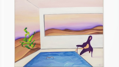 Painting of pool and desert in a room. 