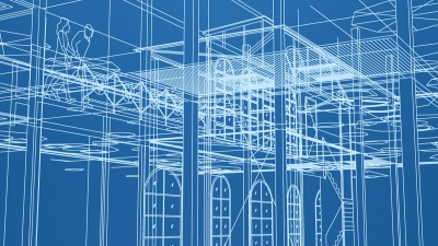Image is blue with white lines creating a 3D rendering of a building