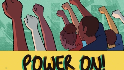 Cover art for Power On! graphic novel featuring several teenagers with their fists held in the air. 