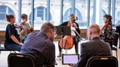 NYU Concert Composition students working with professor in Paulson Center