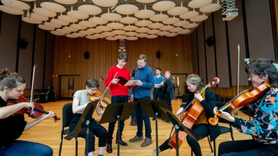 NYU concert composition students working with faculty in Paulson Center