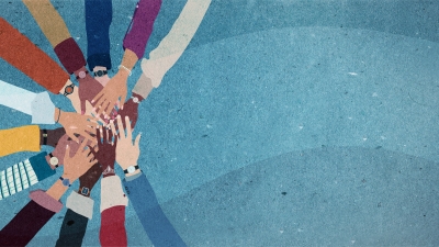 Hands in a huddle.