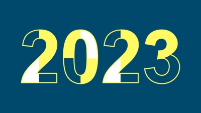 Image captures a navy blue square shaped graphic, with horizontal text in the middle. The blue, gold, and white colored text is a set of 4 numbers, making up the calendar year "2023".