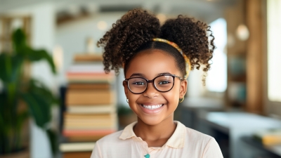 Image captures elementary aged school student seated in a school library. The student wears a white colored shirt, and eye glasses, while holding several books in hers arms.