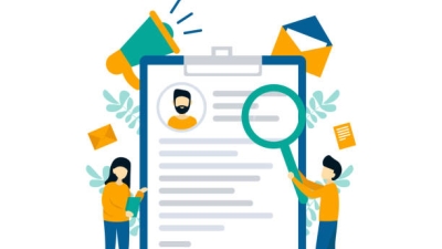 Image shows man and woman working on a resume that is attached to a clipboard. Man is holding a magnifying glass over the resume. The clipboard is surrounded by pictures of an envelope and megaphone