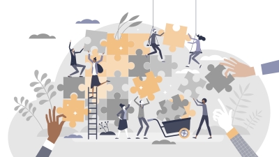 Teamwork jigsaw puzzle as partnership work assistance tiny person concept, transparent background. Team unity help for project challenges illustration.