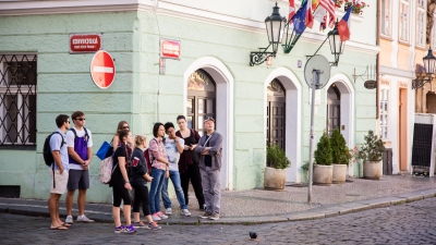 A group students and their faculty exploring the city streets of Prague in the Czech Republic