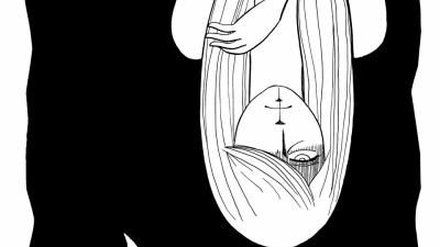 Manga drawing of a girl upside down. Black background.