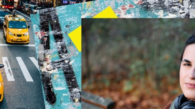 collage of three photos: taxi cabs, graffiti, and a student looking at the camera
