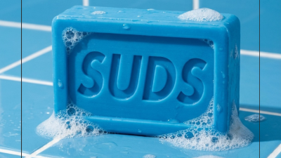 Blue graphic flyer featuring a blue bar of soap on blue shower tiles