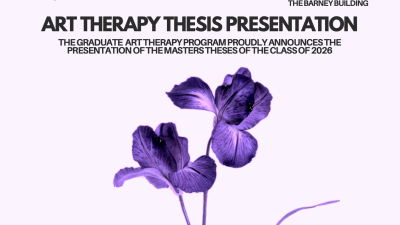 A graphic with black block text and a graphic purple flower with three petals each.