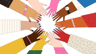 Ten different illustrated hands reach into the middle in a sign of teamwork