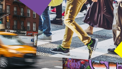 A collage featuring people crossing the street and a yellow cab
