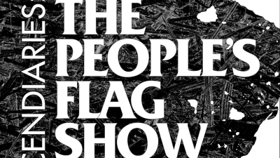 White text on a black and white graphic depicting wood destruction from a fire.