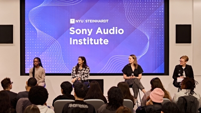 Sony Audio Institute panel featuring Artist-In-Residence Alissia and three other panelists.
