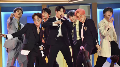 South Korean K-pop group BTS on stage posing