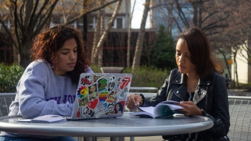 Katherine (left) and Amba study at a tablein the park