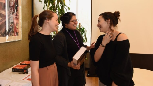 Nisha Sajnani meets with Drama Therapy students Veronica Filson and Lynn Hodeib at the NYU Launch of the Oxford Handbook of Dance and Wellbeing.