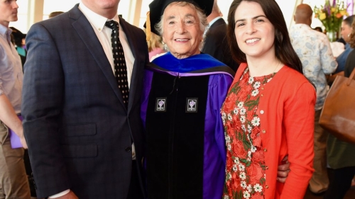 Norma Tarrow celebrates the 50th anniversary of her doctoral convocation with her son and granddaughter.