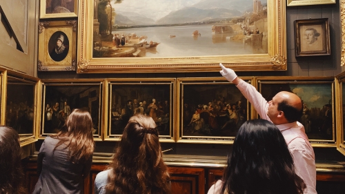Professor pointing at painting. 