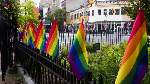 Pride flags across from the Stonewall Inn in Greenwich Village