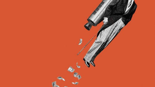 Man with a money powered jet pack