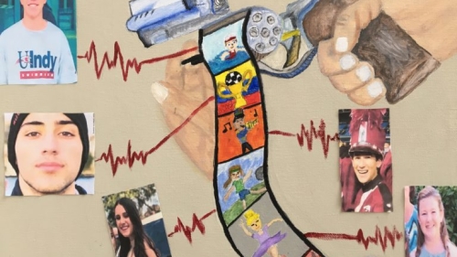 Photo collage and art work by students with faces and gun. 