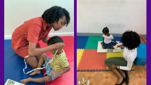 Two photos of Mya Peter: one of her measuring a child's head with a tape measure, in the other she sits near a child sitting on a scale.