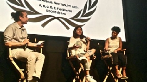 Three people talking at the Mastery Collaborative Film Festival