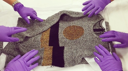 Purple gloves on clothing item.