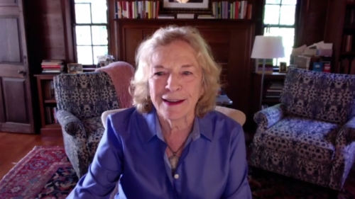 Frances Mayes sitting in a living room during a Zoom conversation.