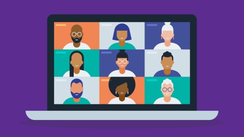 Illustration of a laptop that has nine squares on the screen, each showing a person from the neck up