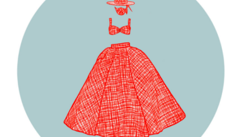 llustration of a red gingham dress with a matching face mask and hat, designed by Christian Siriano.