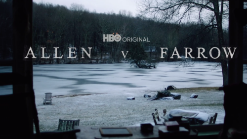 outdoor winter scene with text: HBO original Allen v Farrow 
